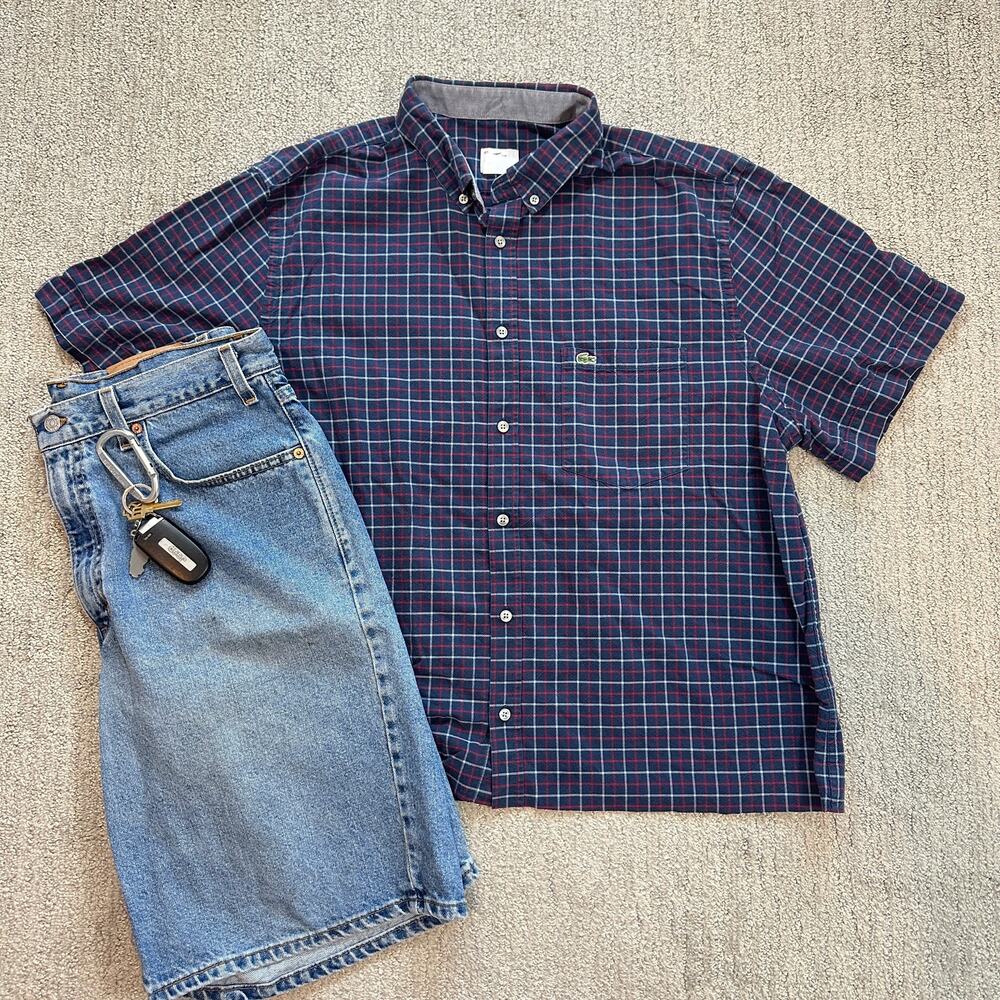 Blue/Red Y2K Surf Style Lacoste Boxy Cropped Button Up Shirt